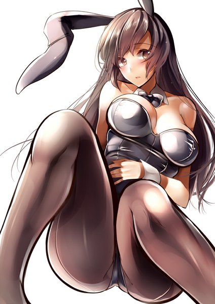 Anime picture 706x1000 with original amane ruri single long hair tall image looking at viewer blush breasts light erotic black hair large breasts brown eyes animal ears bunny ears girl pantyhose bunnysuit
