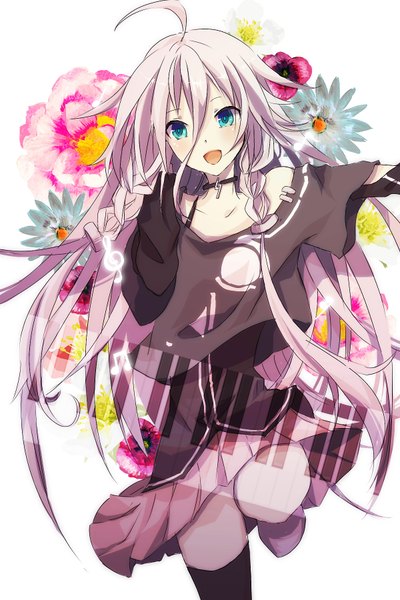 Anime picture 1200x1800 with vocaloid ia (vocaloid) single long hair tall image fringe open mouth looking away pink hair braid (braids) twin braids happy girl thighhighs flower (flowers) pendant