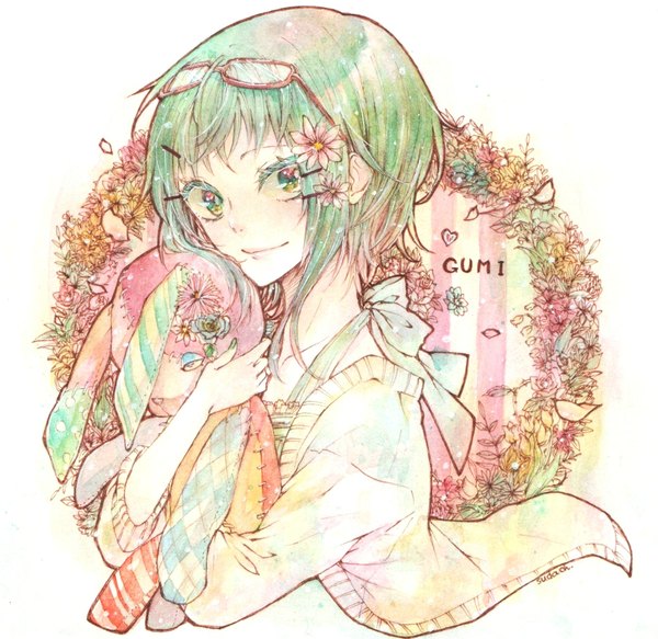 Anime picture 1872x1822 with vocaloid gumi highres short hair smile green eyes green hair hug girl hair ornament flower (flowers) bow glasses hairclip toy stuffed animal