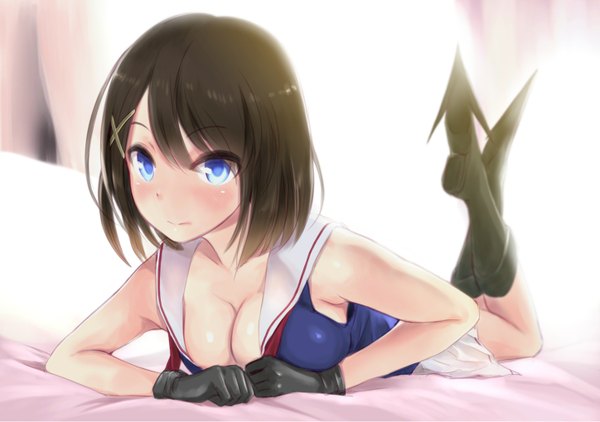 Anime picture 1447x1020 with kantai collection maya heavy cruiser wa (genryusui) single looking at viewer blush short hair breasts blue eyes light erotic brown hair cleavage lying on stomach girl skirt gloves hair ornament miniskirt black gloves