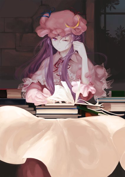 Anime picture 1500x2121 with touhou patchouli knowledge jq single long hair tall image sitting purple eyes purple hair one eye closed wink crescent girl dress book (books) bonnet
