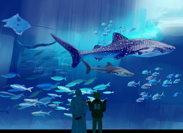 Аниме картинка 2000x1460 с хеталия и страны оси studio deen united kingdom (hetalia) russia (hetalia) высокое разрешение короткие волосы светлые волосы белые волосы сзади мужчина перчатки куртка рыба (рыбы) пальто аквариум акула