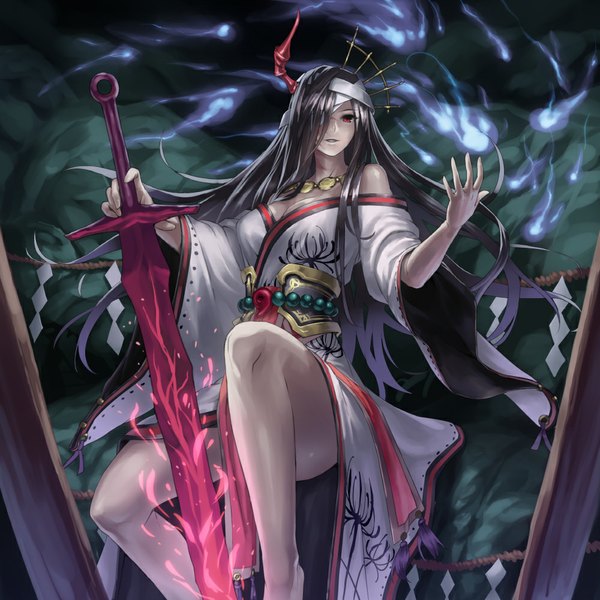Anime picture 1000x1000 with original mismi single long hair fringe breasts red eyes sitting bare shoulders holding cleavage purple hair horn (horns) fingernails hair over one eye wide sleeves bare legs legs glowing bandage over one eye