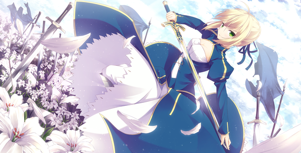 Anime picture 1081x550 with fate (series) fate/stay night type-moon artoria pendragon (all) saber nagishiro mito single looking at viewer short hair blonde hair wide image green eyes girl dress flower (flowers) weapon petals sword