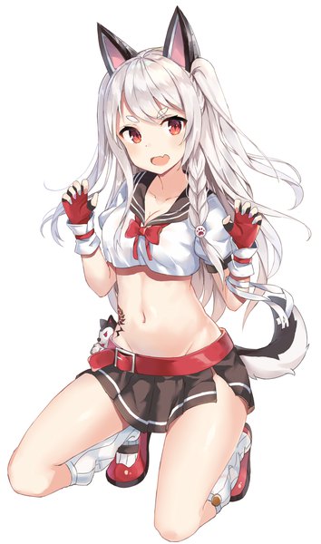Anime picture 700x1186 with azur lane yuudachi (azur lane) noboru (kamine204136) single long hair tall image looking at viewer blush fringe breasts open mouth light erotic simple background white background animal ears cleavage tail braid (braids) animal tail bare belly