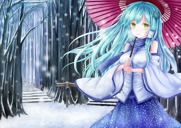 Anime picture 1000x706 with touhou kochiya sanae kiiro usagi (artist) single long hair looking at viewer bare shoulders green eyes blue hair snowing winter snow bamboo forest girl dress hair ornament plant (plants) detached sleeves tree (trees) umbrella