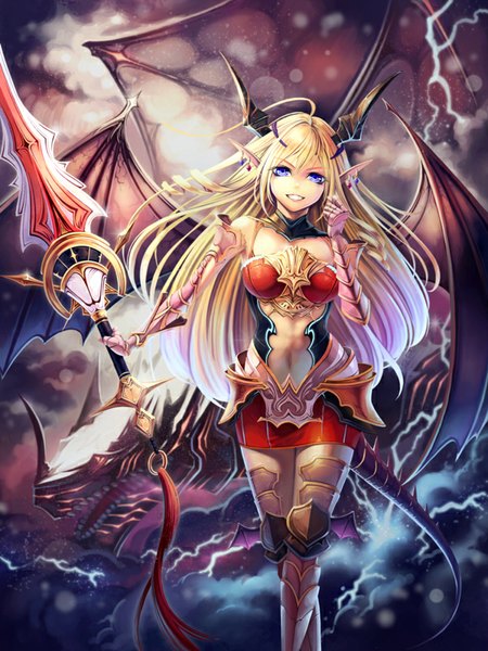 Anime picture 600x800 with original sogdin long hair tall image looking at viewer open mouth blue eyes blonde hair smile standing bare shoulders holding cloud (clouds) tail horn (horns) pointy ears teeth bare belly fang (fangs) piercing