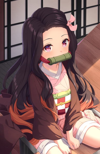 Anime picture 1320x2040 with kimetsu no yaiba ufotable kamado nezuko tiribrush single long hair tall image looking at viewer blush black hair sitting signed traditional clothes japanese clothes pink eyes multicolored hair from above orange hair two-tone hair wariza