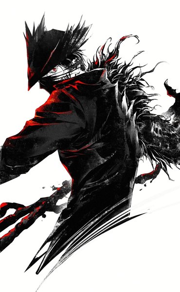 Anime picture 1080x1749 with bloodborne from software hunter (bloodborne) megasus single tall image looking at viewer short hair black hair simple background red eyes white background upper body boy hat mask