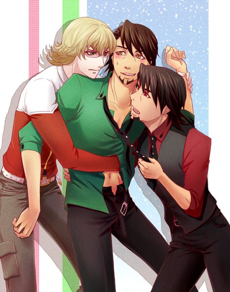 Anime picture 1500x1900 with tiger & bunny sunrise (studio) kaburagi t. kotetsu barnaby brooks jr. ebitetsu v-sil tall image blush short hair open mouth blonde hair red eyes brown hair green eyes yellow eyes open clothes open shirt open collar shounen ai hug from behind