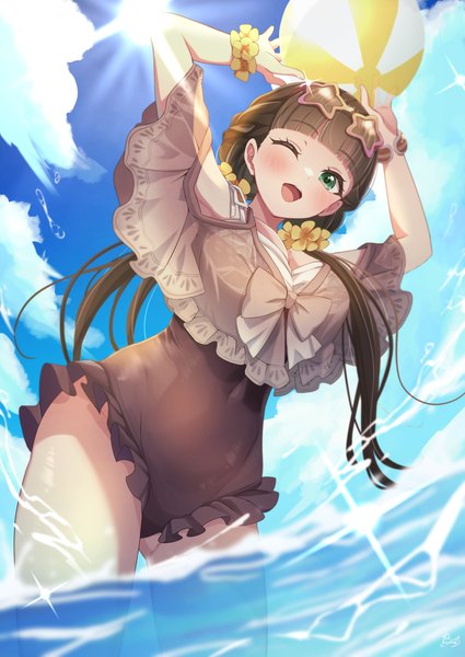 Anime picture 2508x3541 with hello!!! love live! sunrise (studio) love live! sakurakouji kinako pukonuu single long hair tall image looking at viewer blush fringe highres breasts open mouth light erotic smile brown hair twintails green eyes sky