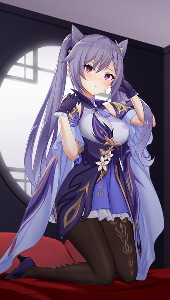 Anime picture 1024x1802 with genshin impact keqing (genshin impact) sigma rio single long hair tall image looking at viewer blush fringe breasts light erotic hair between eyes large breasts purple eyes twintails payot purple hair indoors braid (braids) head tilt