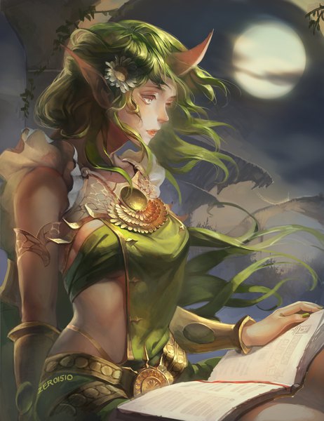 イラスト 3078x4000 と league of legends soraka (league of legends) dryad soraka akizero1510 ソロ 長髪 長身像 highres 座る signed 黄色眼 looking away absurdres cloud (clouds) nail polish プロフィール hair flower 角 green hair エルフ耳