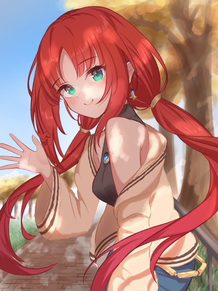 Anime picture 1200x1600 with genshin impact nilou (genshin impact) 21038bite pen single long hair tall image looking at viewer fringe breasts smile twintails sky red hair blunt bangs aqua eyes off shoulder wide sleeves open jacket alternate costume low twintails