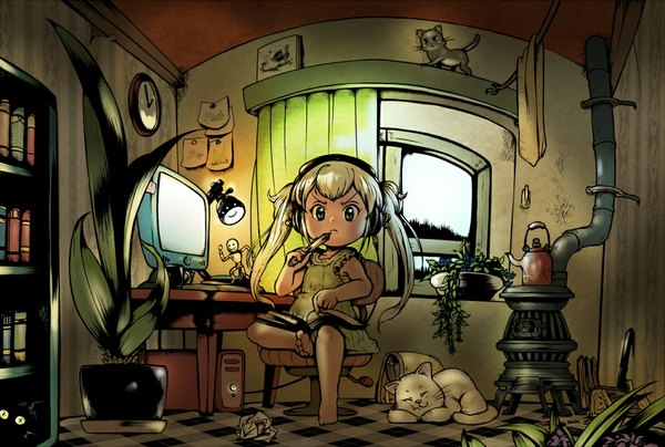 Anime picture 1000x674 with original oekaki musume (qpixiv) azito7 single long hair looking at viewer blue eyes blonde hair sitting twintails barefoot checkered floor girl dress flower (flowers) animal window headphones book (books) curtains