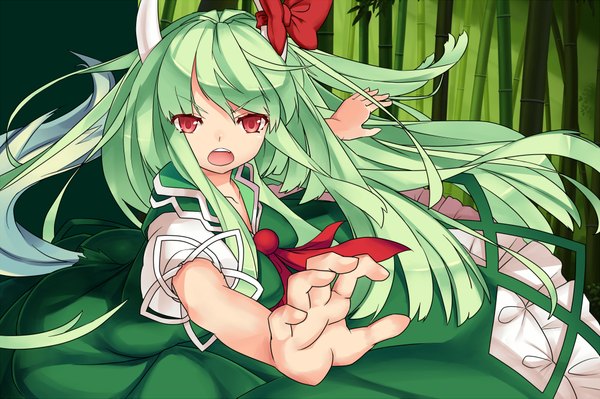 Anime picture 2000x1333 with touhou kamishirasawa keine ex-keine mikan (bunanoha) long hair highres open mouth red eyes green hair girl dress plant (plants) bamboo