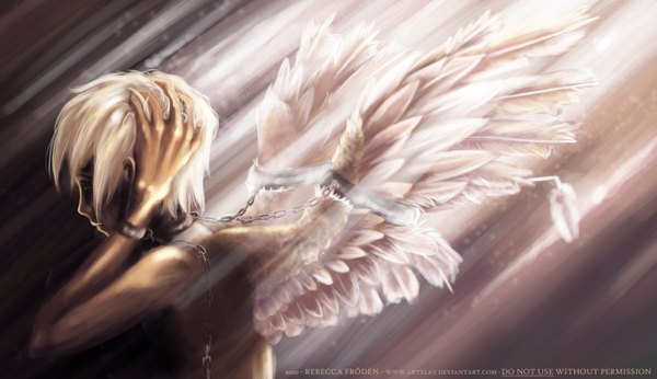 Anime picture 3230x1866 with original artylay single highres short hair wide image signed white hair light hand on head angel wings boy wings chain