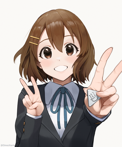 Anime picture 2520x3031 with k-on! kyoto animation hirasawa yui omochiarts single tall image looking at viewer fringe highres short hair simple background smile hair between eyes brown hair white background brown eyes upper body grin victory girl