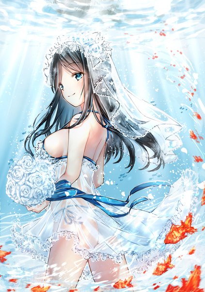 Anime picture 595x842 with original moe2018 sakana cho single long hair tall image breasts blue eyes light erotic black hair smile large breasts looking away sunlight sideboob underwater girl flower (flowers) ribbon (ribbons) swimsuit