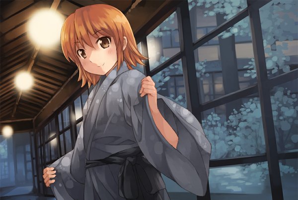 Anime picture 1100x740 with original kouno hikaru single looking at viewer blush short hair smile brown hair brown eyes traditional clothes japanese clothes girl kimono