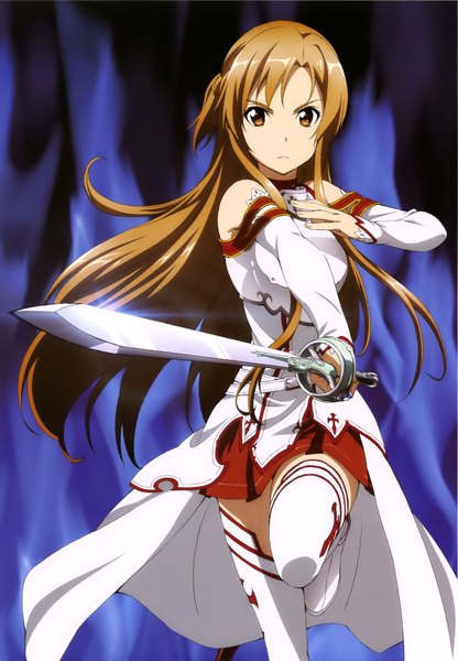 Anime picture 1569x2262 with sword art online a-1 pictures yuuki asuna kawakami tetsuya single long hair tall image looking at viewer brown hair brown eyes scan official art girl thighhighs weapon detached sleeves white thighhighs sword cloak