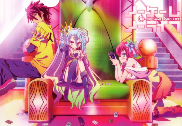 Anime picture 3850x2680 with no game no life madhouse shiro (no game no life) stephanie dora sora (no game no life) long hair looking at viewer blush highres short hair blue eyes smile hair between eyes sitting multiple girls brown eyes blue hair absurdres purple hair red hair