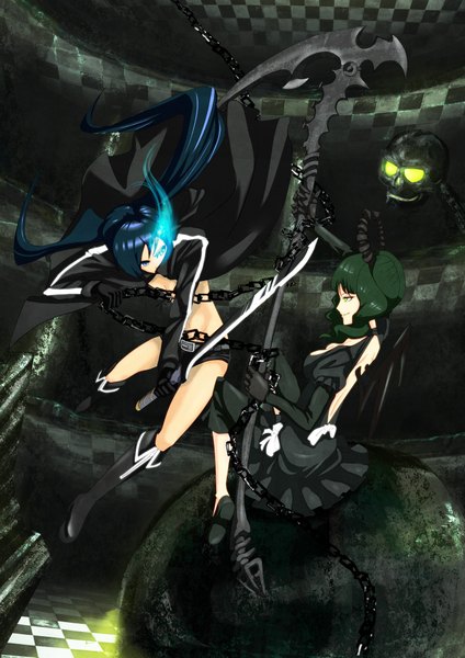 Anime picture 2894x4093 with black rock shooter black rock shooter (character) dead master infinote long hair tall image highres blue eyes black hair twintails multiple girls green eyes absurdres green hair glowing glowing eye (eyes) checkered battle girl gloves