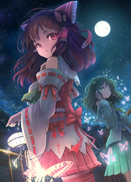 Anime picture 1093x1516 with touhou hakurei reimu kochiya sanae santouhei tall image blue eyes red eyes brown hair multiple girls green hair night night sky girl bow 2 girls hair bow detached sleeves insect butterfly moon