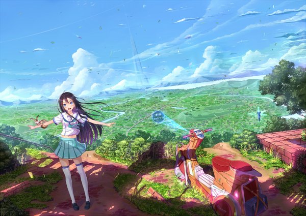 Anime picture 1327x940 with original kazeno single long hair looking at viewer blush fringe open mouth blue eyes brown hair standing sky cloud (clouds) pleated skirt shadow zettai ryouiki happy spread arms horizon mountain