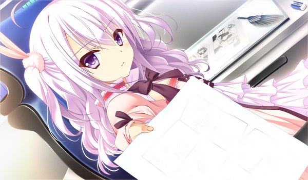 Anime picture 1024x600 with prestar long hair looking at viewer wide image purple eyes game cg white hair girl uniform school uniform bowtie paper
