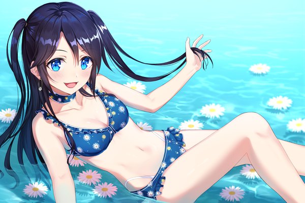 Anime picture 2747x1836 with idolmaster idolmaster shiny colors mitsumine yuika hachinatsu single long hair looking at viewer blush fringe highres breasts open mouth blue eyes light erotic black hair smile hair between eyes payot bent knee (knees) :d