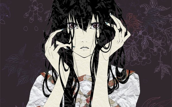 Аниме картинка 1680x1050 с оригинальное изображение bouno satoshi один (одна) длинные волосы смотрит на зрителя открытый рот чёрные волосы широкое изображение фиолетовые глаза тёмный фон рука на голове девушка