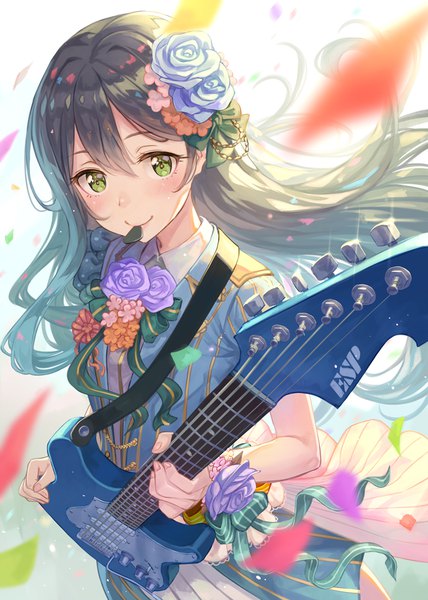 Anime-Bild 744x1044 mit bang dream! hanazono tae terumii single long hair tall image looking at viewer blush fringe smile hair between eyes brown hair holding green eyes upper body hair flower from above sparkle gradient background mouth hold