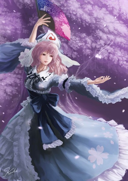 Anime picture 2480x3508 with touhou saigyouji yuyuko koshi (koshi vortex) single long hair tall image fringe highres breasts smile red eyes signed looking away pink hair outdoors long sleeves arm up wind lips wide sleeves