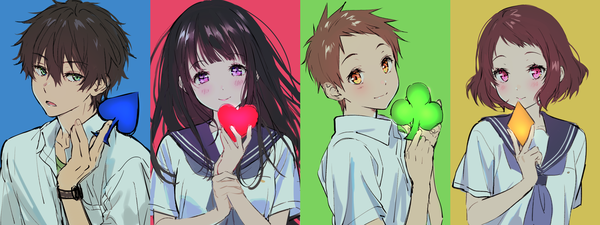 Anime picture 2100x790 with hyouka kyoto animation chitanda eru oreki houtarou ibara mayaka fukube satoshi mery (yangmalgage) long hair looking at viewer blush fringe highres short hair open mouth black hair simple background smile hair between eyes brown hair wide image