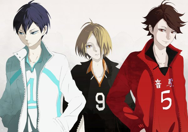 Anime picture 1415x1000 with haikyuu!! production i.g kageyama tobio kozume kenma ooikawa tooru io (chihuahana) fringe short hair blue eyes simple background blonde hair brown hair standing brown eyes yellow eyes blue hair light smile hair over one eye grey background open clothes