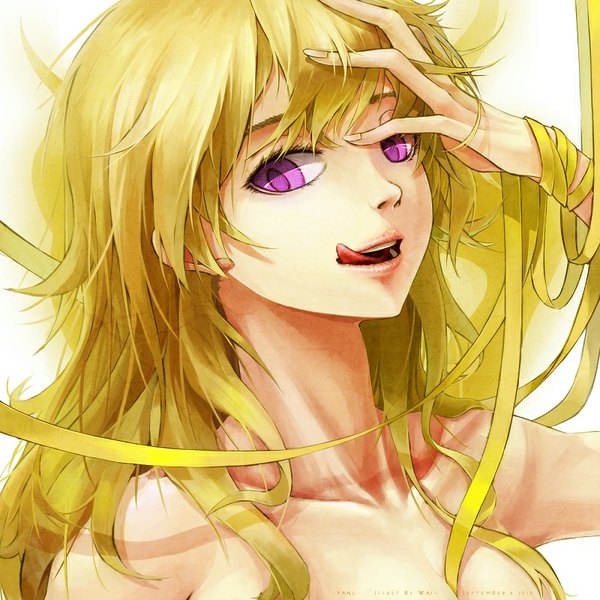 Anime picture 800x800 with rwby rooster teeth yang xiao long wail single long hair looking at viewer fringe open mouth blonde hair white background purple eyes bare shoulders signed fingernails lips topless licking hand on face girl