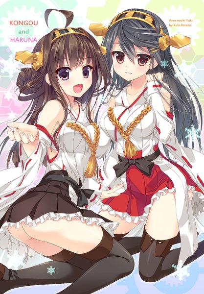 Anime picture 1000x1438 with kantai collection kongou battleship haruna battleship ameto yuki long hair tall image looking at viewer blush open mouth light erotic black hair brown hair bare shoulders multiple girls brown eyes ahoge ass traditional clothes nontraditional miko girl