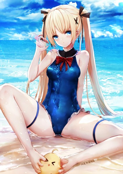 Anime picture 2894x4093 with azur lane dead or alive manjuu (azur lane) marie rose marie rose (devilish servant against the splashing waves) nekoya (liu) single tall image blush highres blue eyes light erotic blonde hair sitting twintails signed sky cloud (clouds) outdoors very long hair