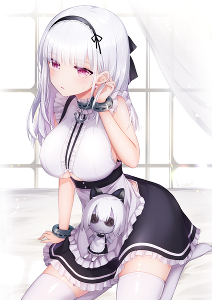 Anime picture 1934x2736 with azur lane dido (azur lane) chiutake mina single long hair tall image blush fringe highres breasts open mouth light erotic large breasts sitting looking away silver hair indoors blunt bangs pink eyes arm support