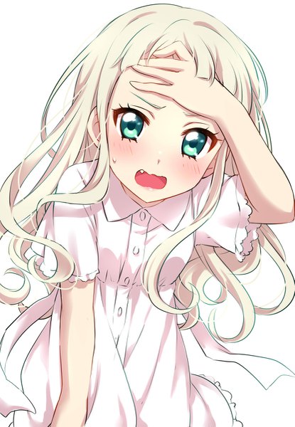 Anime picture 831x1200 with aikatsu! toudou yurika sekina single long hair tall image looking at viewer blush fringe open mouth simple background white background green eyes arm up arm support short sleeves fang (fangs) sweat wavy hair sweatdrop