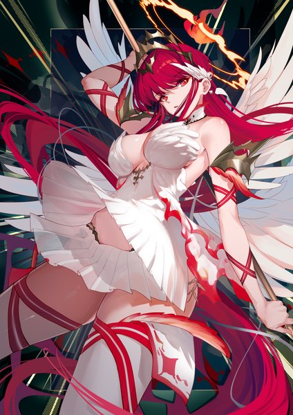 Anime picture 2894x4093 with millennium tour sinkou bison cangshu single tall image looking at viewer fringe highres breasts light erotic red eyes large breasts holding red hair blunt bangs very long hair arm up white wings multiple wings girl