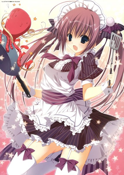Anime picture 3401x4793 with inugami kira long hair tall image blush highres open mouth blue eyes twintails absurdres purple hair girl thighhighs dress bow hair bow white thighhighs star (symbol) apron