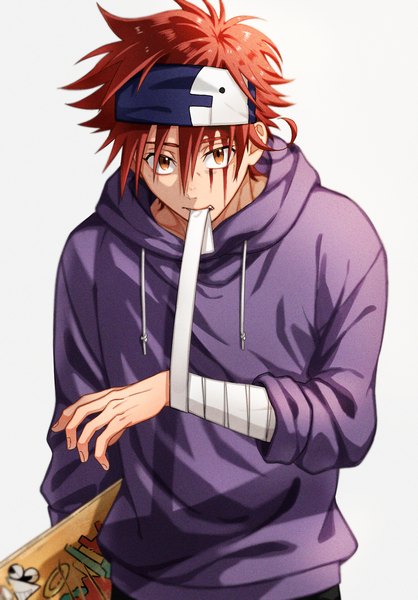 Anime picture 1180x1693 with sk8 the infinity studio bones kyan reki nazutaro single tall image looking at viewer fringe short hair simple background hair between eyes red eyes white background holding red hair mouth hold boy hairband hood bandage (bandages)