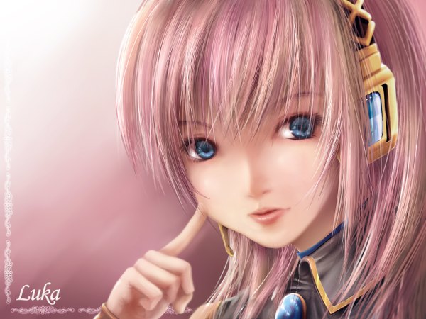 Anime picture 1280x960 with vocaloid megurine luka long hair looking at viewer blue eyes pink hair lips realistic close-up pink background face girl headphones