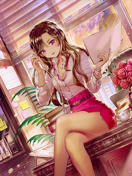 Anime picture 700x932 with original jicto single long hair tall image looking at viewer blush fringe breasts open mouth hair between eyes brown hair sitting holding payot sky cleavage cloud (clouds) indoors nail polish