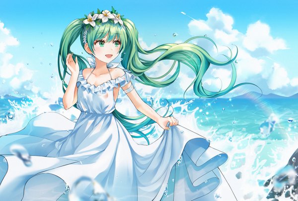 Anime picture 2000x1353 with vocaloid hatsune miku connie (keean2019) single long hair blush fringe highres open mouth smile hair between eyes standing twintails bare shoulders sky cloud (clouds) outdoors :d hair flower aqua eyes