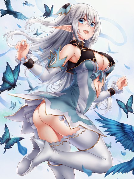 Anime picture 1650x2200 with shining (series) shining blade altina (shining blade) hikari (komitiookami) single long hair tall image looking at viewer blush fringe breasts open mouth blue eyes light erotic simple background smile hair between eyes large breasts standing bare shoulders