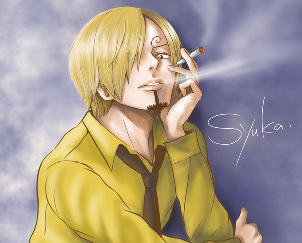 Anime picture 1280x1031 with one piece toei animation sanji one syuka single looking at viewer fringe short hair simple background blonde hair holding signed upper body parted lips black eyes hair over one eye smoke eyebrows smoking hand on face