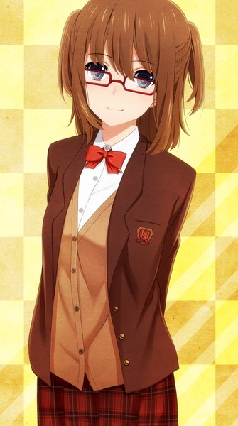 Anime picture 994x1778 with original laco soregashi single tall image looking at viewer blush short hair smile brown hair black eyes two side up hands behind back checkered checkered background girl uniform school uniform glasses